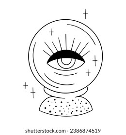 Vector hand drawn mystical crystal ball with star and eye in line art magic symbol talisman antique style.