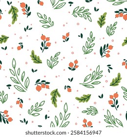 Vector hand drawn natural floral seamless pattern with isolated leaves, berries, twigs scattered on a white background