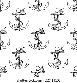 Vector hand drawn nautical anchor. Anchor with flowers seamless pattern. Vector illustration