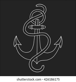 Vector hand drawn nautical anchor. Element ship, travel and drawing vintage, rope marine