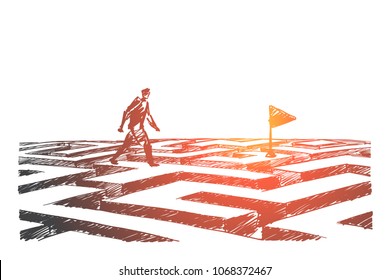 Vector hand drawn navigation concept sketch. Man walking alone above maze towards navigation flag.