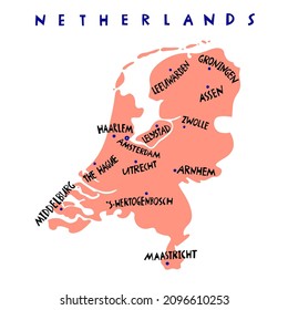Vector hand drawn Netherlands capitals cities map. Netherlands Kingdom travel illustration. Geography illustration. Europe map element