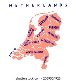 Vector hand drawn Netherlands states map. Netherlands Kingdom travel illustration. Geography illustration. Europe map element