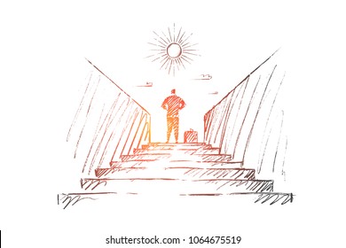 Vector hand drawn new work concept sketch. Bisinessman standing backwards at top of stairway and looking at the Sun.