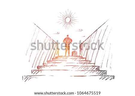 Vector hand drawn new work concept sketch. Bisinessman standing backwards at top of stairway and looking at the Sun.
