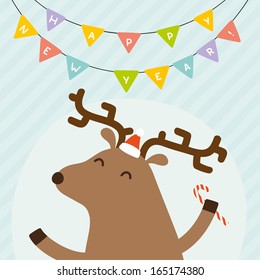 Vector hand drawn new year deer with candy postcard