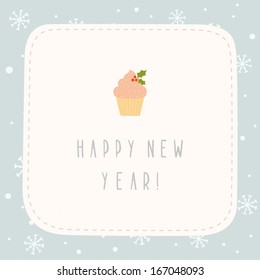 Vector hand drawn New Year greeting card with cupcake