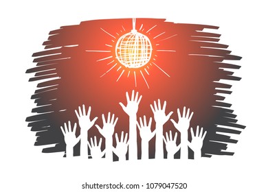 Vector hand drawn night club concept sketch with human hands raised up under disco ball