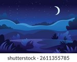 Vector hand drawn night landscape. Horizontal illustration for design and cover design with space for text. Moon, stars, path, fields and bushes. Clear cloudless night.