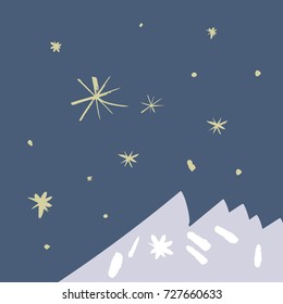Vector hand drawn night landscape. Starry sky, mountains.