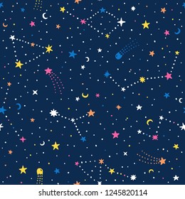 Vector hand drawn night sky doodle seamless pattern with space stars, planets, comets.