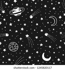 Vector hand drawn night sky doodle seamless pattern with space stars, planets, comets.