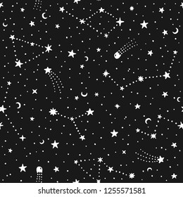 Vector hand drawn night sky doodle seamless pattern with space stars, planets, comets.