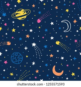 Vector hand drawn night sky doodle seamless pattern with space stars, planets, comets.