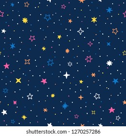 Vector hand drawn night sky doodle seamless pattern with space stars, planets, comets.