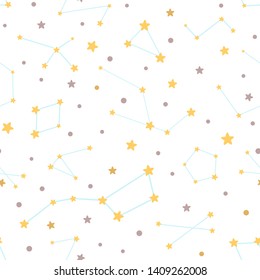 Vector hand drawn night sky doodle seamless pattern with space stars constellations Childish starry sky background Cosmos Endless wallpaper Blue yellow white colors Textile design Vector illustration