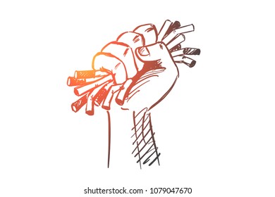 Vector hand drawn no smoking concept sketch with human hand strongly compressing cigarettes
