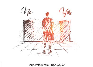 Vector hand drawn No Yes business solution concept sketch. Businessman standing backwards and trying to decide which door to open.