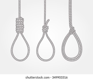 Vector hand drawn nodes for hanging. Concept suicide sketch. Moving loop deaf, scaffold node, Lynch's loop, tightens noose.