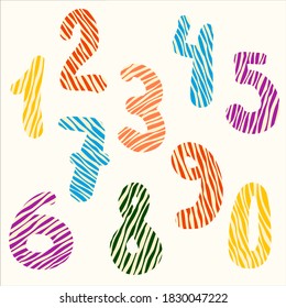Vector hand drawn number set for children in a funny cartoon style with wave effect in different colours. Counting for kids