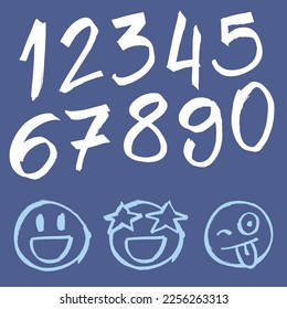 Vector hand drawn numbers with marker pen. 3 emojis, with different expressions, happy, with star and wink and sticking out tongue. Blue background, it is possible to edit the colors. Numbers 0 to 9. 