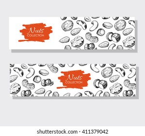 Vector Hand Drawn Nuts Banners. Engraved Detailed Illustrations. Great Food Banner, Flyer, Poster