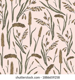 Vector hand drawn oats and wheat grain seamless pattern background. Good use for fabric, wallpaper, upholstery textile, kitchen tiles and many more surface.