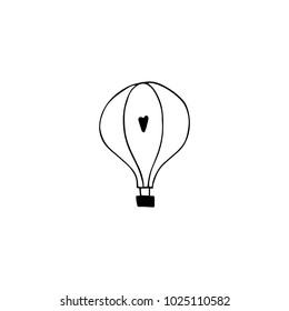 Vector hand drawn object, air balloon, aerostat. Logo element, romantic clipart. For wedding or Valentine cards, dating agency, for business branding and identity. Black on white isolated symbol.