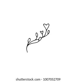 Vector hand drawn object, branch with leaves and hearts. Feminine logo element, romantic floral clipart. For business branding and identity. Black on white isolated symbol.