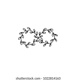 Vector hand drawn object, branch with leaves. Infinity sign. Feminine logo element, romantic floral clipart. For business branding and identity. Black on white isolated symbol.