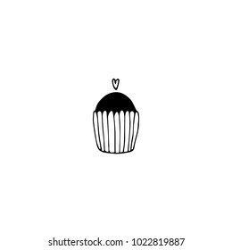 Vector hand drawn object, cupcake silhouette. Logo element, isolated clipart. For wedding, bakery, home baking business branding and identity. Black on white monoline symbol.