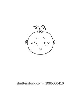 Vector hand drawn object, cute girl's face. Logo element for children related business branding and identity. Funny clipart for prints, t-shirts or stationery. Black on white isolated symbol.