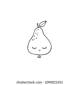Vector hand drawn object, cute pear with closed eyes. Logo element for children related business branding and identity. Funny clipart for t-shirts, stationery. Black on white isolated symbol.