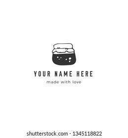 Vector hand drawn object. Logo template, a jar with jam. Kitchen and food theme. Isolated symbol for business branding and identity, for cooking classes or food blogs and websites.