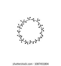 Vector hand drawn object, round floral frame. Feminine logo element, romantic simple clipart. For business branding and identity. Black on white isolated symbol.
