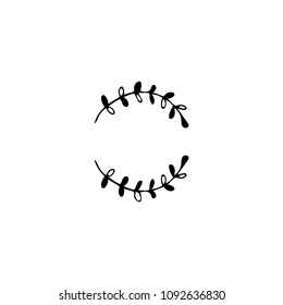 Vector hand drawn object, round frame with branches and leaves. Feminine logo element, romantic floral clipart. For business branding and identity. Black on white isolated symbol.
