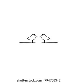 Vector hand drawn objects, two birds. Feminine logo element, romantic clipart. For business branding and identity. Black on white isolated symbol.