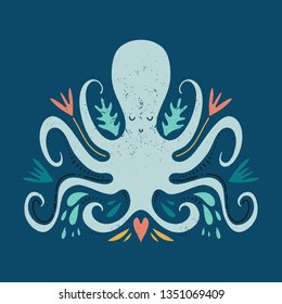 Vector hand drawn octopus, clip art illustration, vintage ethnic style, stylized sea animal