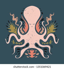 Vector hand drawn octopus, clip art illustration, vintage ethnic style, stylized sea animal