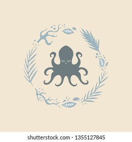 Vector hand drawn octopus, clip art illustration, vintage ethnic style, stylized sea animal