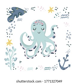 Vector hand drawn octopus. Ocean marine world. For children fashion and stationery, nursery, scrapbooking, home decor and textile, surface design. Part of a sea creatures collection