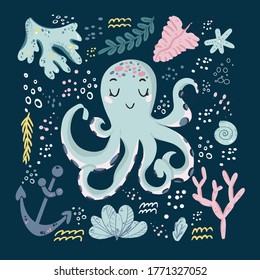 Vector hand drawn octopus. Ocean marine world. For children fashion and stationery, nursery, scrapbooking, home decor and textile, surface design. Part of a sea creatures collection