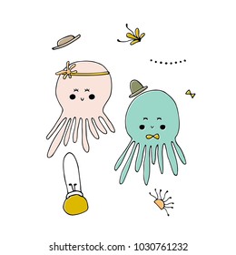 Vector hand drawn octopuses. Ocean marine world. For children fashion and stationery, nursery, scrapbooking, home decor and textile, surface design. Part of a sea creatures collection.