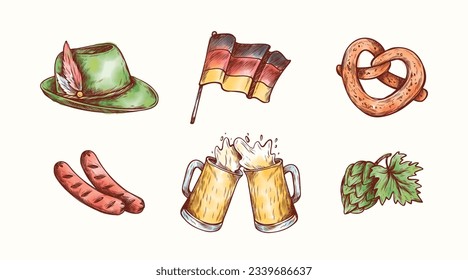 Vector hand drawn Oktoberfest in engraved style: green hat, grilled sausages, beer, Germany flag, hops bagel. Traditional beer festival sketched illustration. Oktoberfest party for menu design