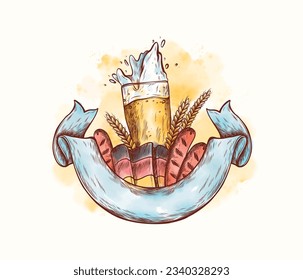 Vector hand drawn Oktoberfest in engraved style. Glass of beer, German flag, ears of corn, grilled sausages, ribbon. Traditional beer festival sketched illustration for menu design, restaurant, shop
