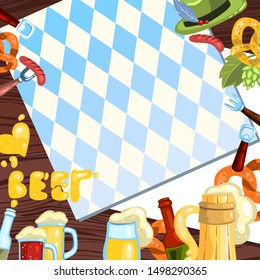 Vector hand drawn Oktoberfest frame banner with Tyrolean hat, German flag, sausages, pretzel, mugs of beer, glass, hop, malt, openers, lozenge Bavarian flag on white background. 