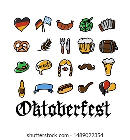 Vector hand drawn Oktoberfest icons for holiday poster, invitation, autumn Bavarian festival of beer banner, photo booth, German culture materials, accessories for festival and party, squeezebox