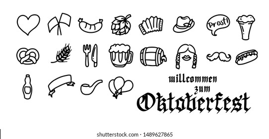 Vector hand drawn Oktoberfest icons for holiday poster, invitation, autumn Bavarian festival of beer banner, photo booth, German culture materials, accessories for festival and party. Black and white