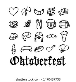 Vector hand drawn Oktoberfest icons for holiday poster, invitation, autumn Bavarian festival of beer banner, photo booth, German culture materials, accessories for festival and party. Black and white