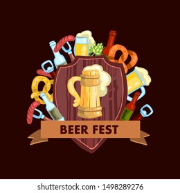 Vector hand drawn Oktoberfest pub logo with pretzel, mug with beer, hop, bottles, fork with sausage, bottle opener and wooden shield. Isolated on brown.